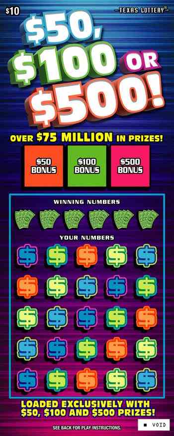 $50, $100 OR $500! scratchcard - game number #2598 - front