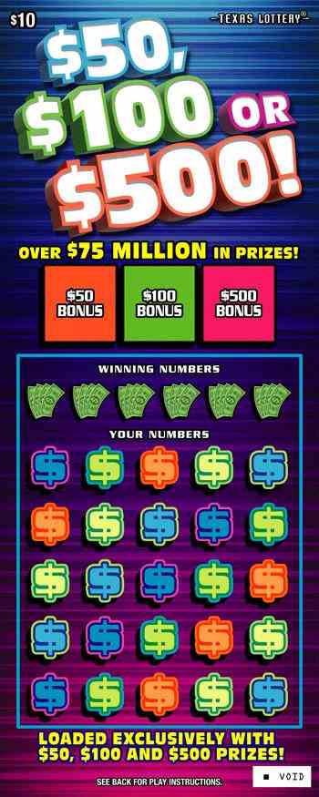 $50, $100 OR $500! scratchcard - game number #2598 - front
