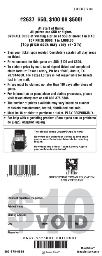 $50, $100 Or $500! scratchcard - game number #2637 - back
