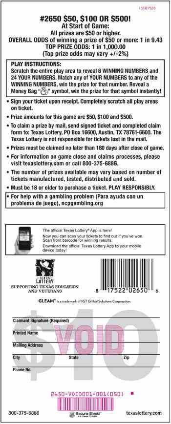 $50, $100 Or $500! scratchcard - game number #2650 - back