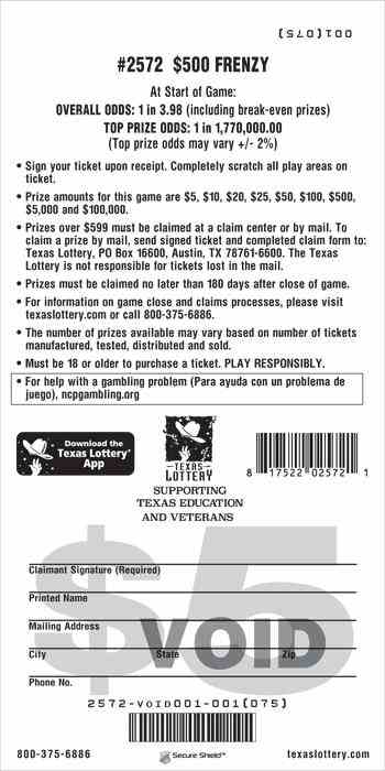 $500 Frenzy scratchcard - game number #2572 - back