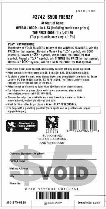 $500 Frenzy scratchcard - game number #2742 - back
