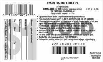 $5,000 Lucky 7S scratchcard - game number #2593 - back