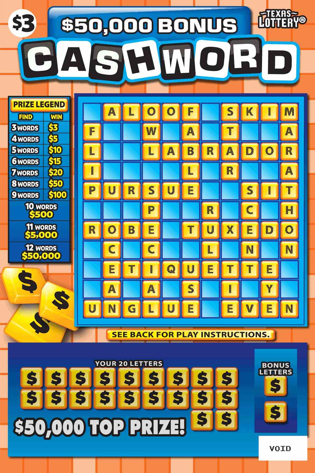 $50,000 Bonus Cashword scratchcard - game number #2321 - front