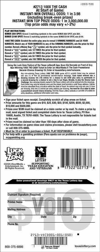 100X The Cash scratchcard - game number #2713 - back