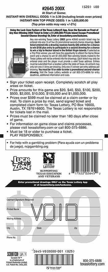 200X scratchcard - game number #2645 - back