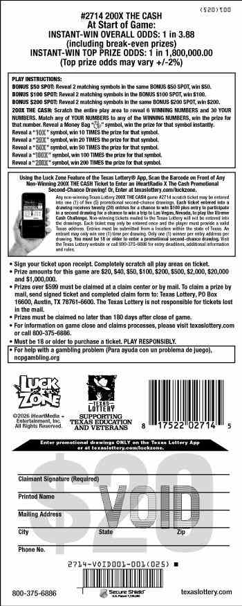 200X The Cash scratchcard - game number #2714 - back