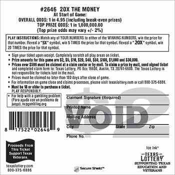 20X The Money scratchcard - game number #2646 - back