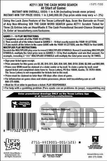 30X The Cash Word Search scratchcard - game number #2711 - back
