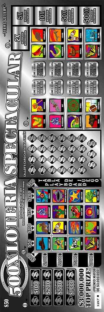 500X Loteria Spectacular scratchcard - game number #2518 - front