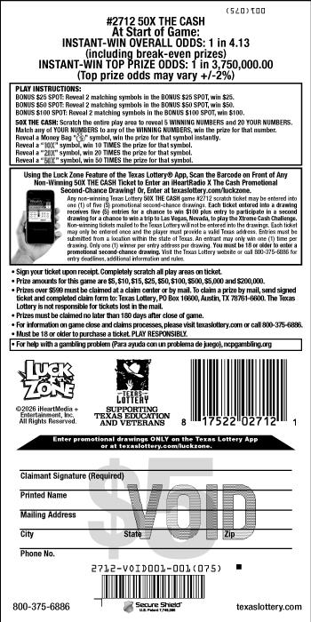 50X The Cash scratchcard - game number #2712 - back