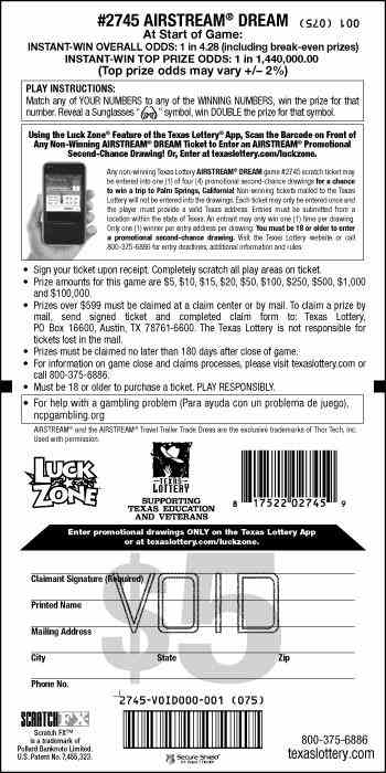 Airstream® Dream scratchcard - game number #2745 - back