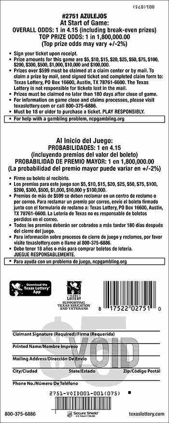 Azulejos scratchcard - game number #2751 - back