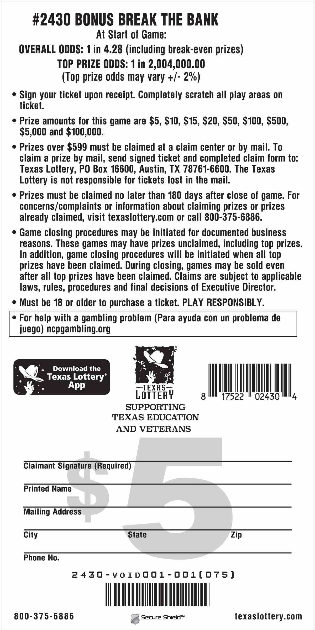 Bonus Break The Bank scratchcard - game number #2430 - back