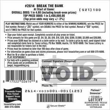 Break The Bank scratchcard - game number #2614 - back