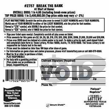 Break The Bank scratchcard - game number #2757 - back