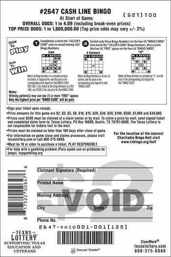 Cash Line Bingo scratchcard - game number #2647 - back