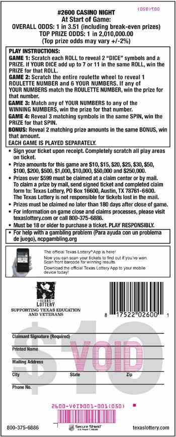 Casino Night scratchcard - game number #2600 - back