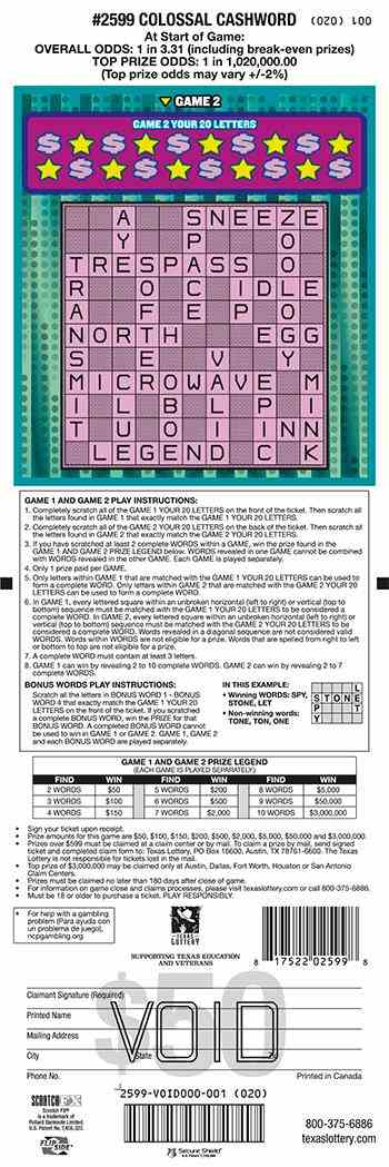 Colossal Cashword scratchcard - game number #2599 - back