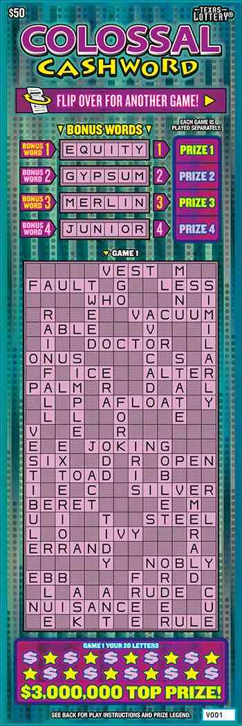 Colossal Cashword scratchcard - game number #2599 - front