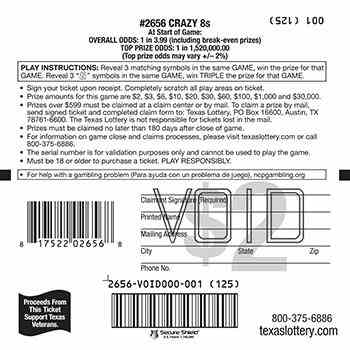 Crazy 8S scratchcard - game number #2656 - back