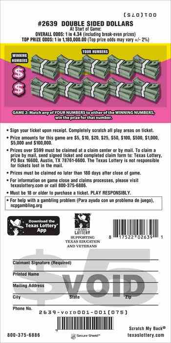 Double Sided Dollars scratchcard - game number #2639 - back