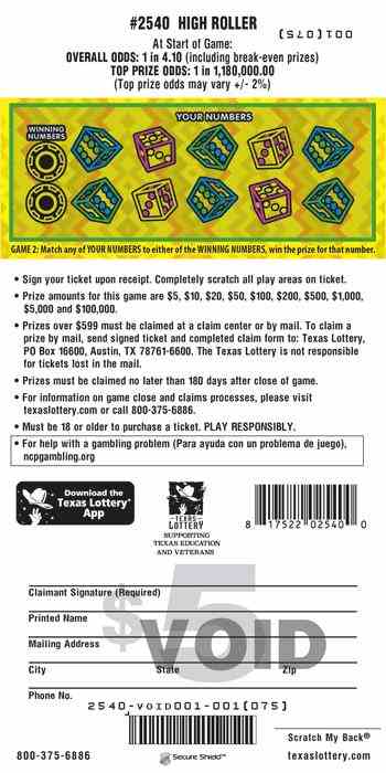 High Roller scratchcard - game number #2540 - back