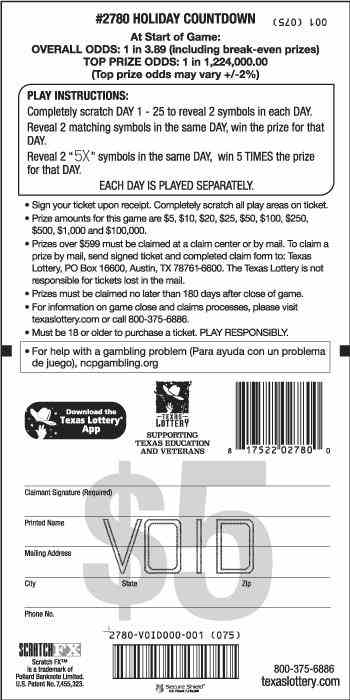 Holiday Countdown scratchcard - game number #2780 - back