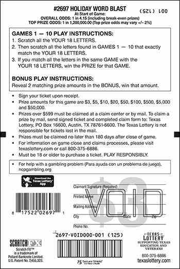 Holiday Word Blast scratchcard - game number #2697 - back