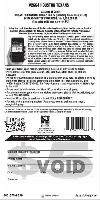 Houston Texans scratchcard - game number #2664 - back