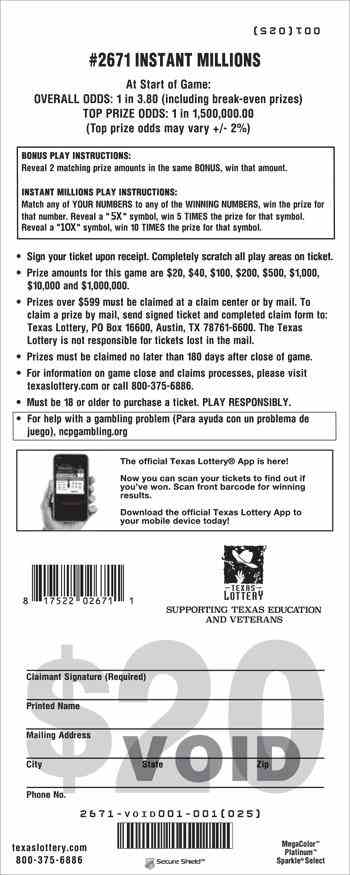 Instant Millions scratchcard - game number #2671 - back