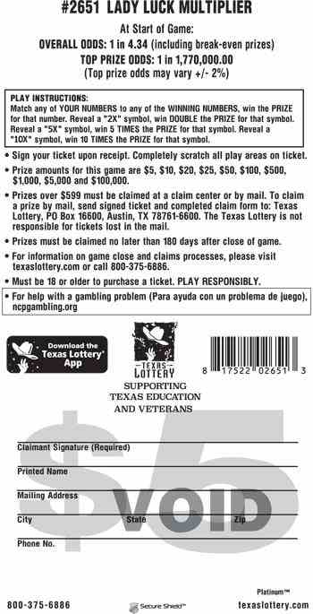 Lady Luck Multiplier scratchcard - game number #2651 - back