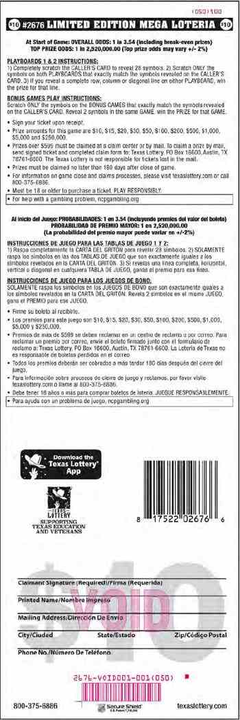 Limited Edition Mega Loteria scratchcard - game number #2676 - back