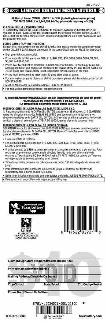 Limited Edition Mega Loteria scratchcard - game number #2721 - back