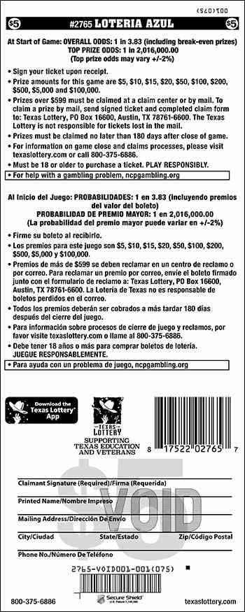 Loteria Azul scratchcard - game number #2765 - back