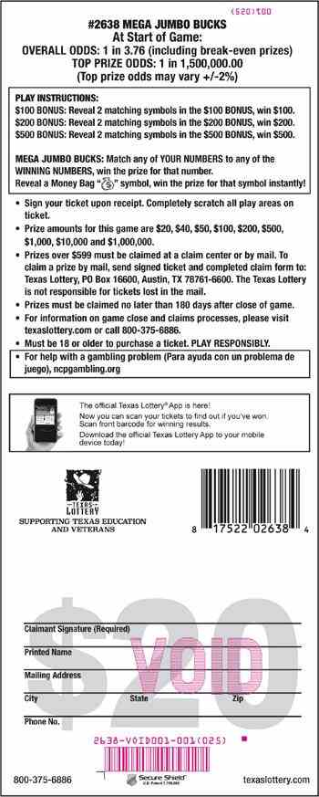 Mega Jumbo Bucks scratchcard - game number #2638 - back