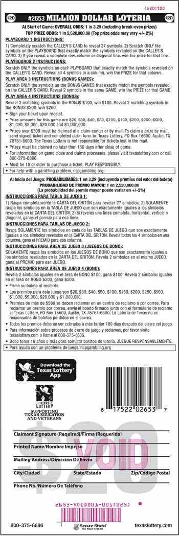 Million Dollar Loteria scratchcard - game number #2653 - back