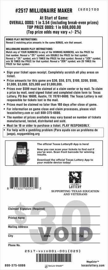 Millionaire Maker scratchcard - game number #2517 - back