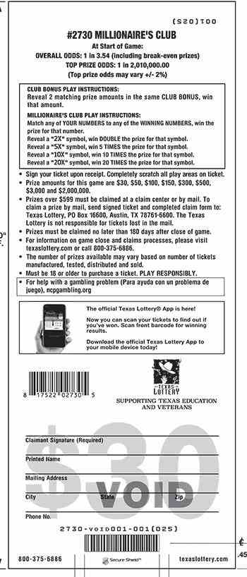 Millionaire's Club scratchcard - game number #2730 - back