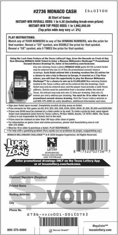 Monaco Cash scratchcard - game number #2736 - back