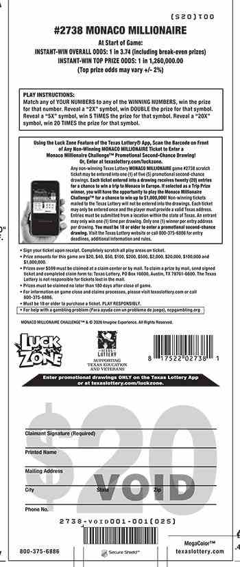 Monaco Millionaire scratchcard - game number #2738 - back