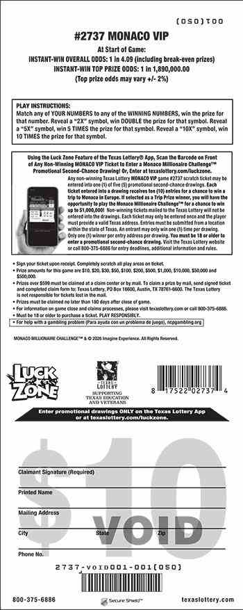 Monaco Vip scratchcard - game number #2737 - back