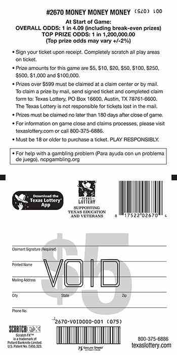 Money Money Money scratchcard - game number #2670 - back