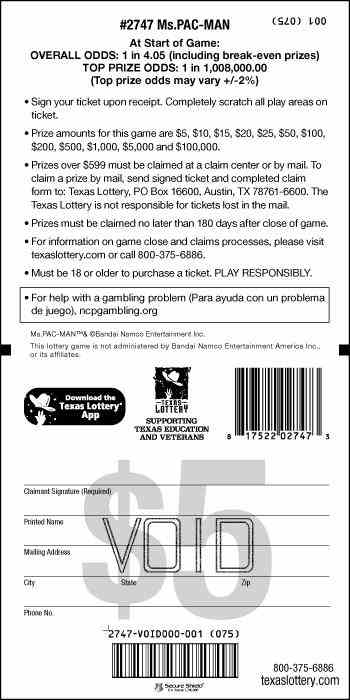Ms.Pac-Man scratchcard - game number #2747 - back