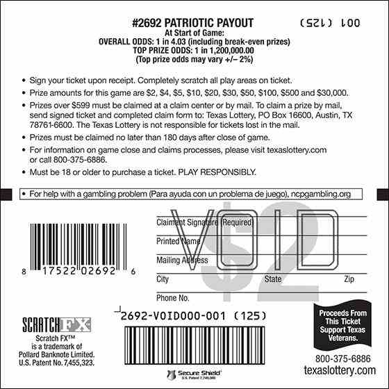 Patriotic Payout scratchcard - game number #2692 - back