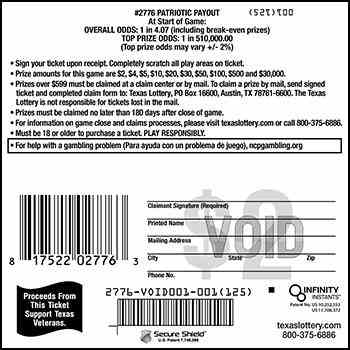 Patriotic Payout scratchcard - game number #2776 - back