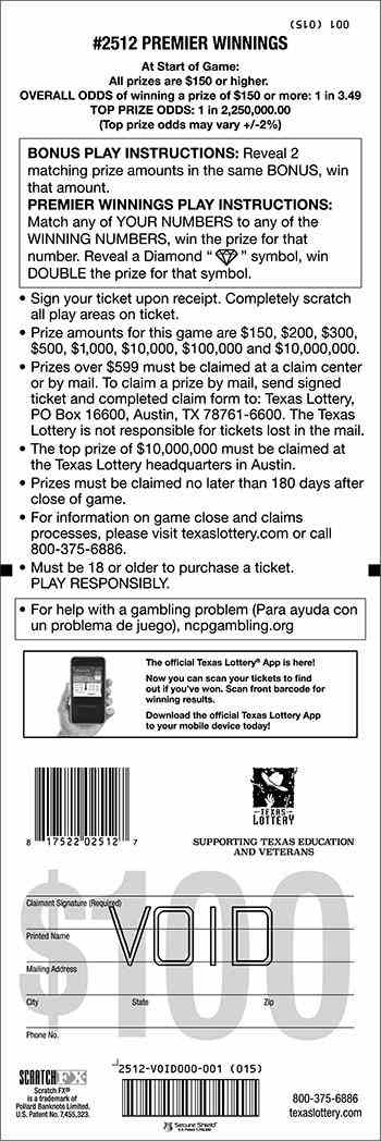 Premier Winnings scratchcard - game number #2512 - back