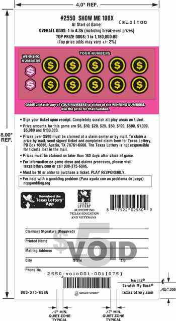 Show Me 100X scratchcard - game number #2550 - back