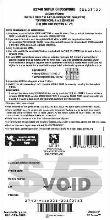 Super Crossword scratchcard - game number #2740 - back
