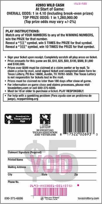 Wild Cash scratchcard - game number #2693 - back